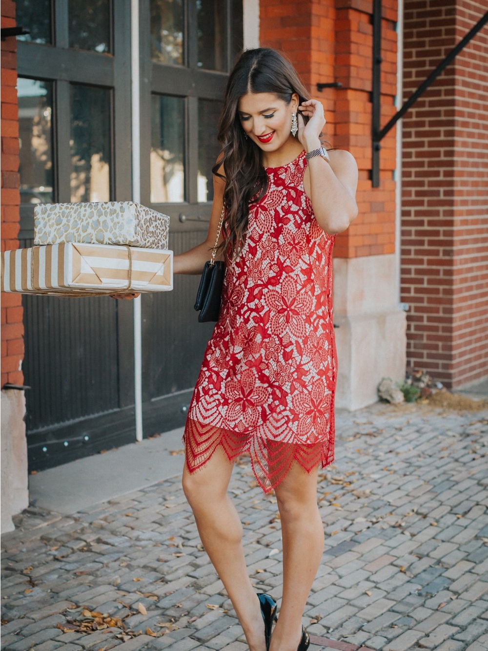 Express Red Lace Halter Shift Dress XS